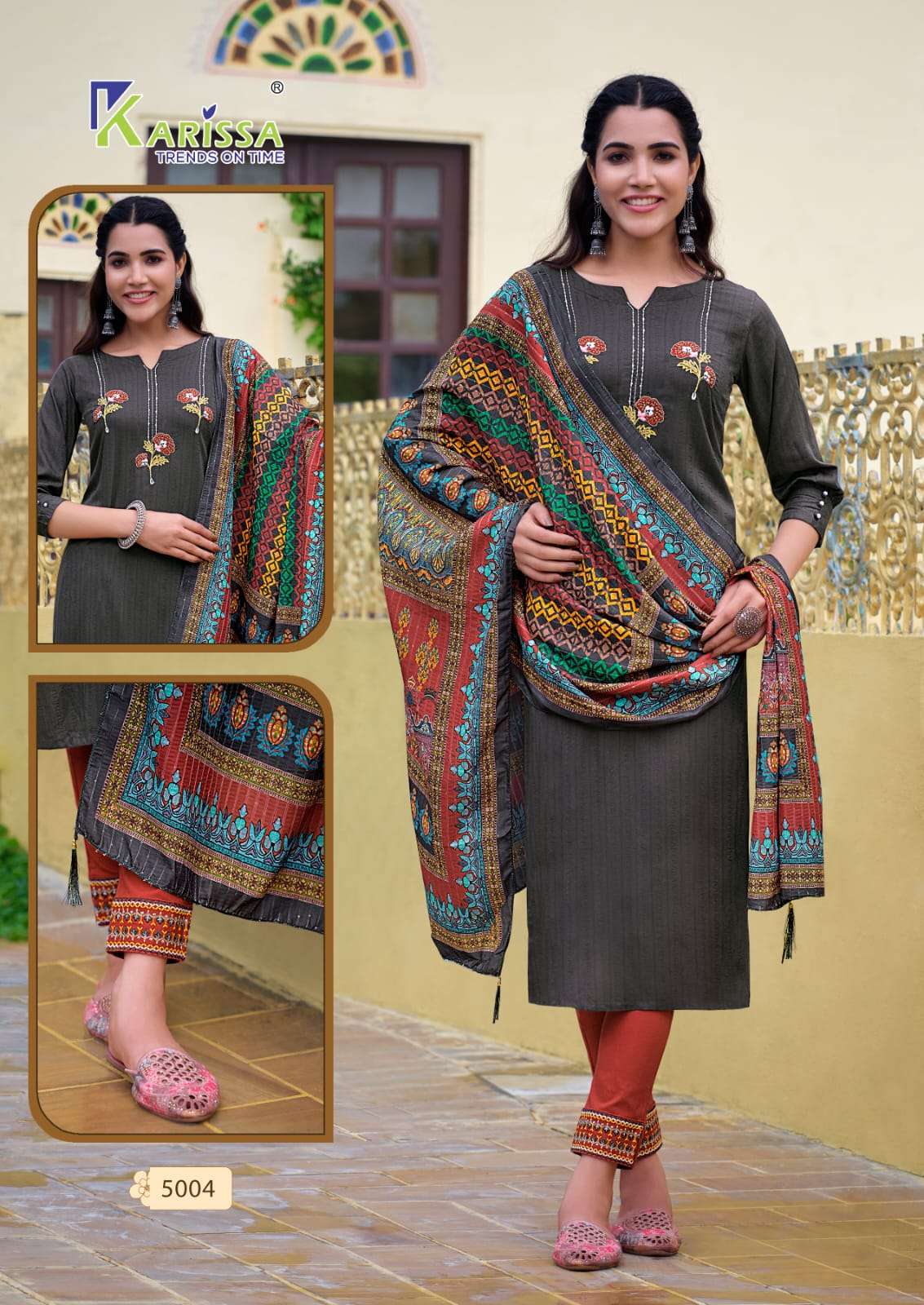 BOMBAY BEAUTY VOL 5 LIVA TAG VISCOSE RAYON  WEAVING THREAD AND HANDWORK KURTI WITH PANT AND MASLIN SEQUENCE WITH DIGITAL PRINT DUPATTA Y KARISSA BRAND 5004